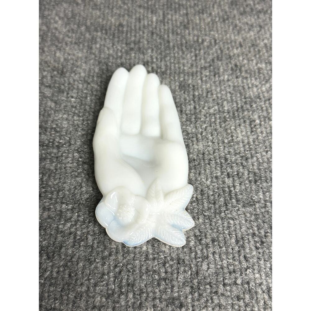 Vintage small milk glass open hand soap dish trinket helping hand 5” Victorian